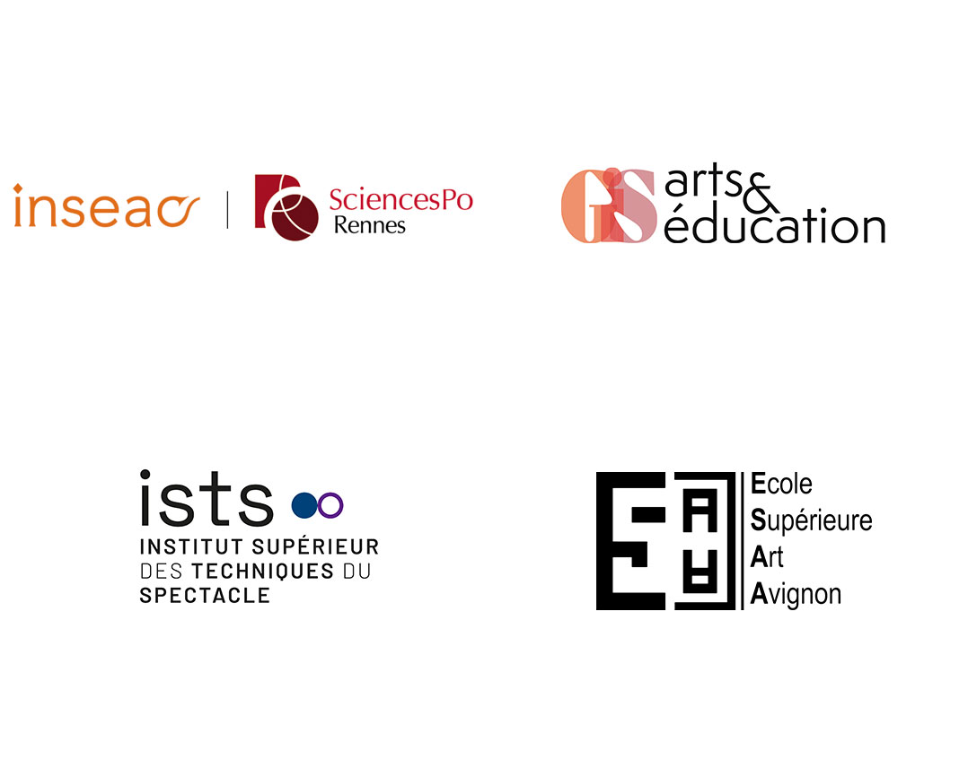 Logos de l'Inseac Sciences Po Rennes, du GIS Arts & Éducation, de l'ISTS et de l'ESAA